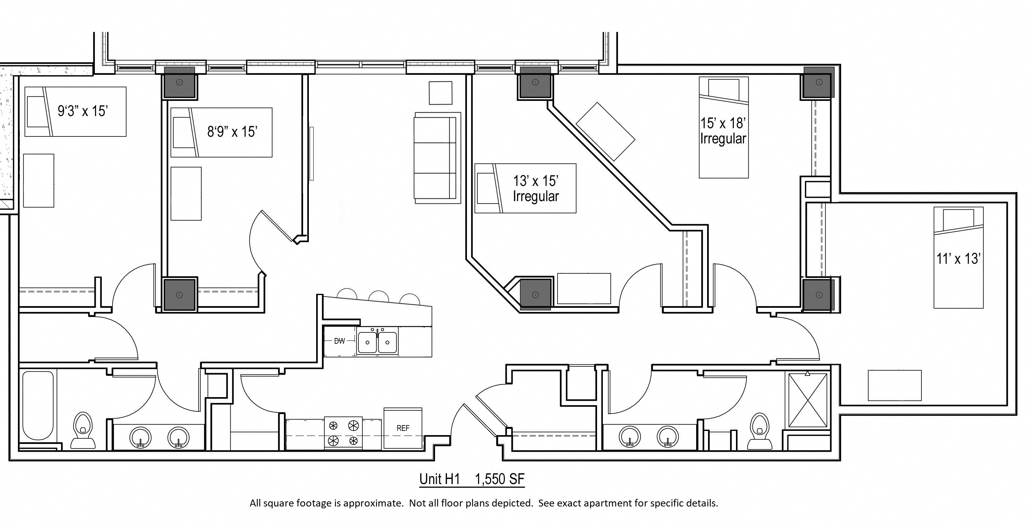 Floor plan for 5 beds, 2 baths, 1550 sqft